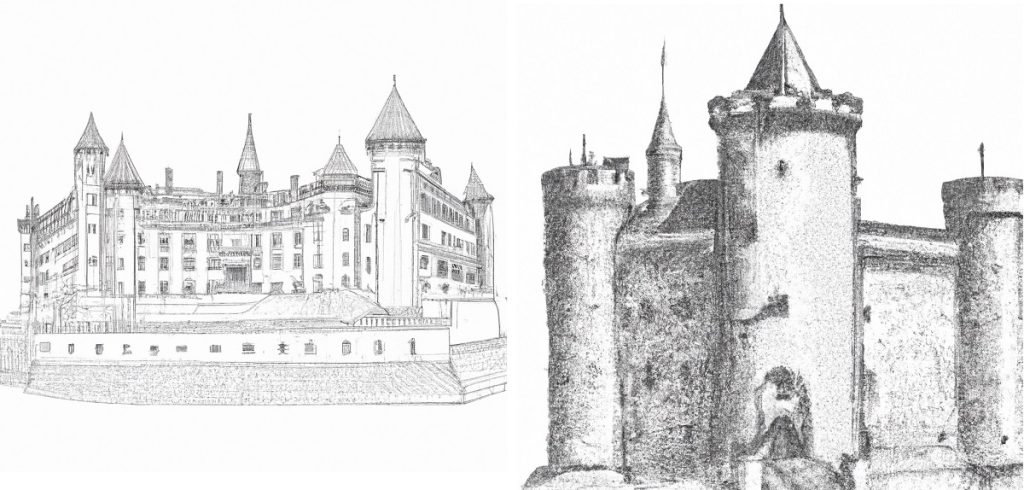 two detailed pencil drawings of medieval castles