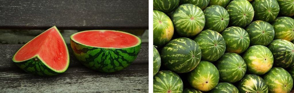 watermelon sliced in half and whole watermelons