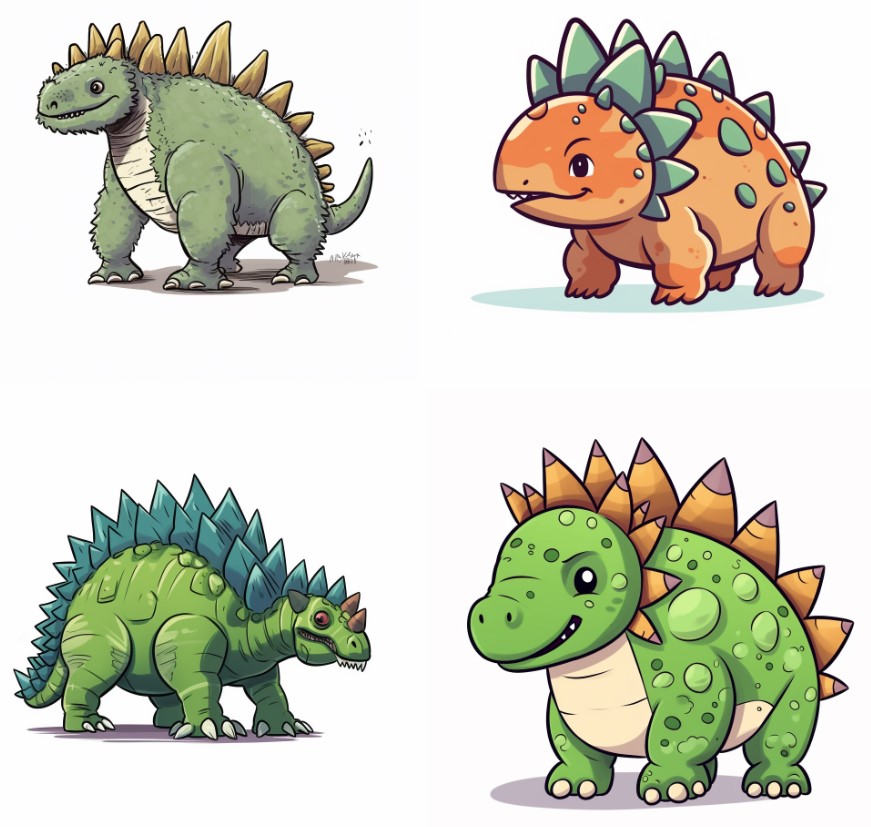 4 cute drawings of cartoon dinosaurs