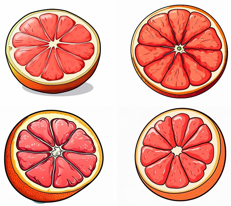 4 drawings of cartoon grapefruits sliced open