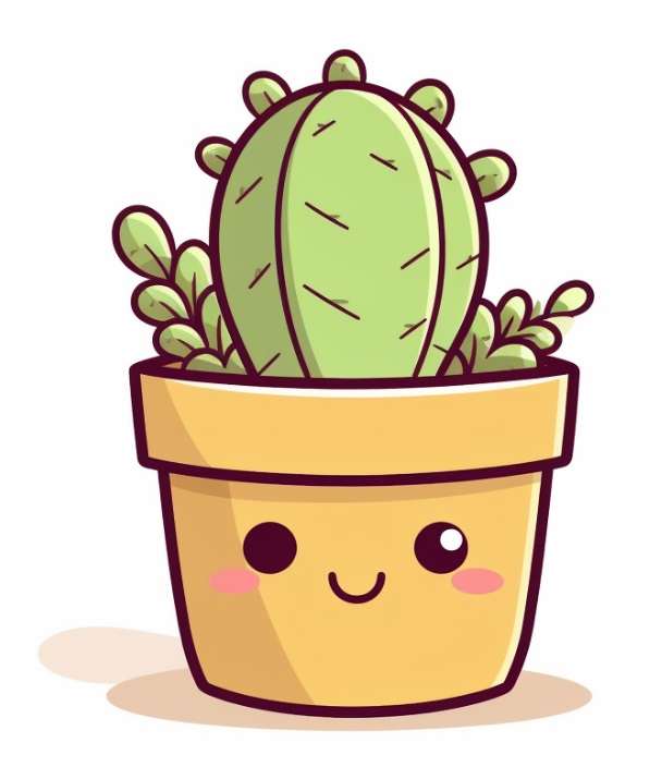 drawing of a kawaii cactus in a pot with a cute kawaii face