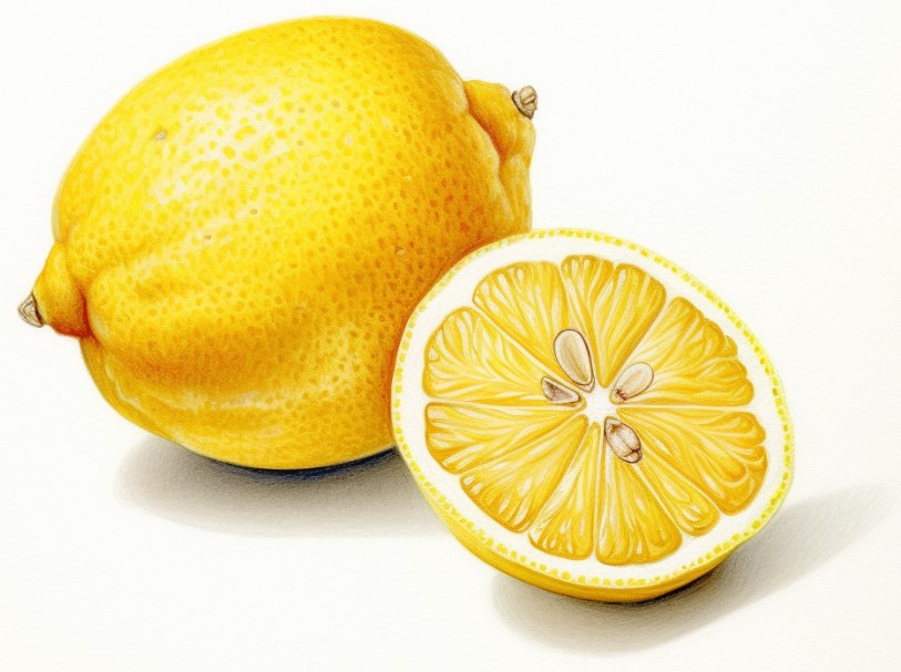 drawing of a lemon slice and a whole lemon