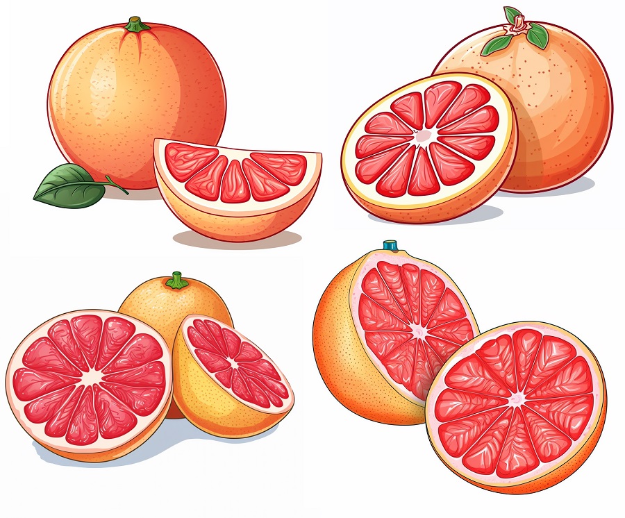 drawings of grapefruits and sliced grapefruits to help follow our grapefruit drawing tutorial