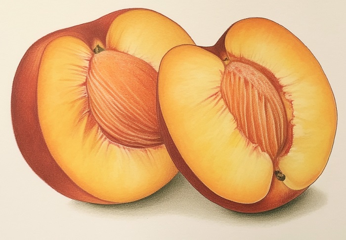 realistic drawing of a peach sliced in half 2