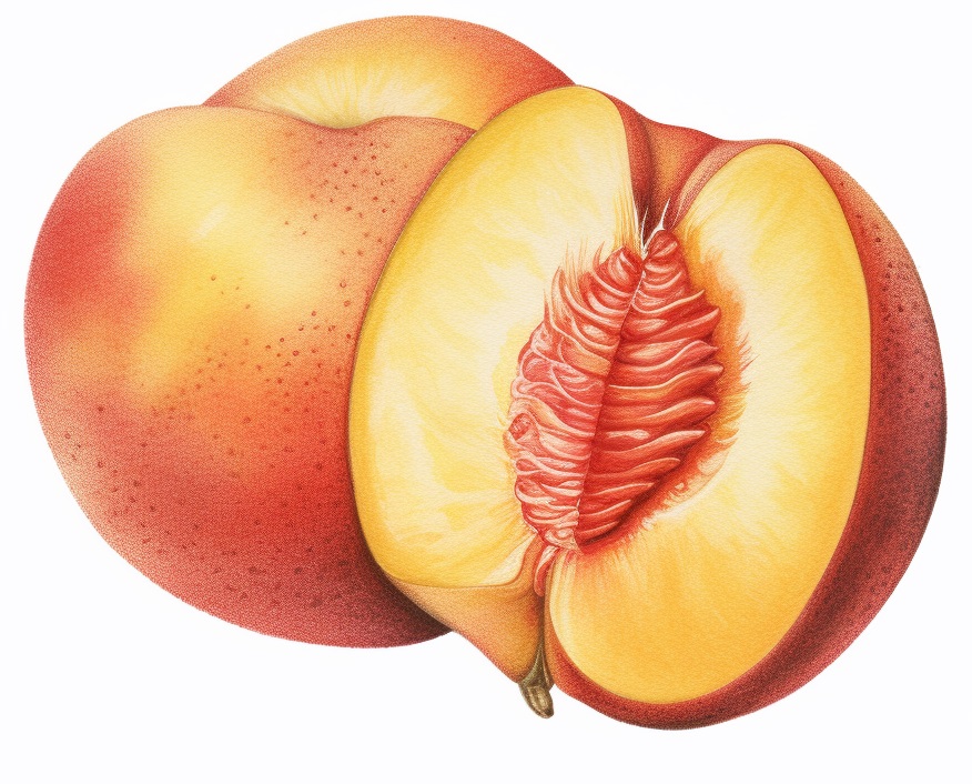 realistic drawing of a peach sliced in half