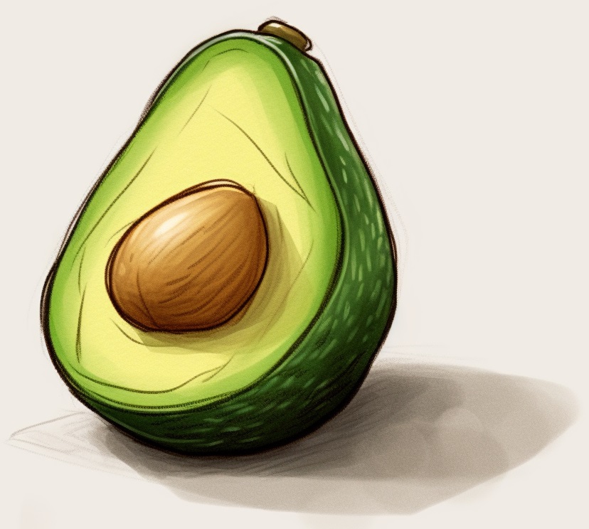 sliced open avocado drawing with seed and avocado flesh