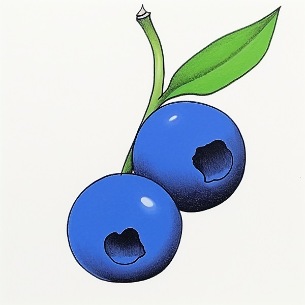 two blueberries with a stem and a leaf drawing